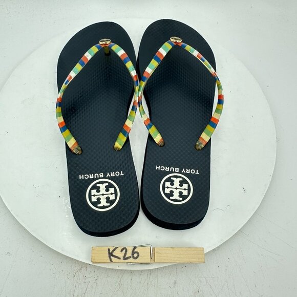 Tory Burch Women Size 9 Blue White Green Red Rubber Thong Slide Flip Flop Sandal - Picture 9 of 11